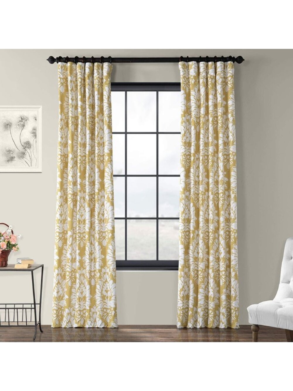 Luxury Damask Room Darkening Curtains 96" Long, Elegant Cotton Drapes for